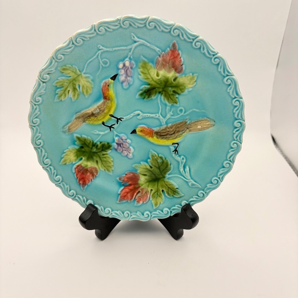 Antique Majolica Plate Zell Germany Bird Grapes Turquoise 6.5" Plate READ